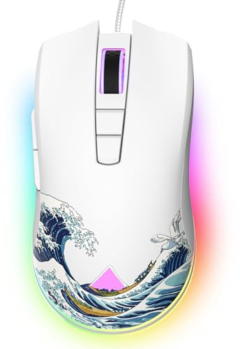 Womier Kanagawa Souris de jeu filaire RVB avec souris d'ordinateur ergonomique, 12 000 DPI/6 boutons programmables pour ordinateur portable, PC, Mac, Windows Blanc