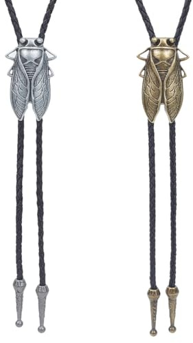 WEBEEDY 2 Stück Bolo Krawatte Zikade Bolo Krawatte Anhänger Handgefertigte Western Cowboy Ledernackenkrawatte Coole Retro Kostüm Accessoires Für Vater Ehemann Bruder Hemd Freizeitkleidung(Gold,Silber)