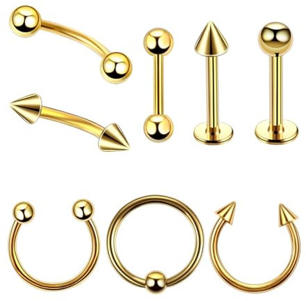 Tolldek 8 Stücke Magnet Piercing Nase, Edelstahl 1.2MM Kreis U Circular Barbell Clicker Hufeisen Nose Stud Gold, Septum Ringe Set, Ohr Lippe Nase Zunge Augenbrauen Piercing Set Männer Frauen
