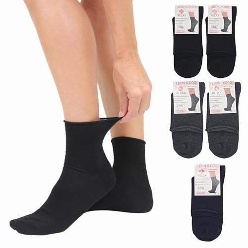 LEON D'ORO Calze Senza Elastico Donna COTONE per DiabeticI Calzini per Ospedale Anziani Made in Italy (IT, Numero, 35, 40, Regular, Regular, 5 Paia Classic)