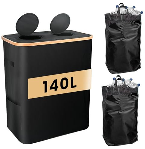 Homwiz 140 l, contenitore di raccolta a 2 scomparti, con 2 sacchetti rimovibili, grande raccoglitore di bottiglie vuote per bottiglie di plastica