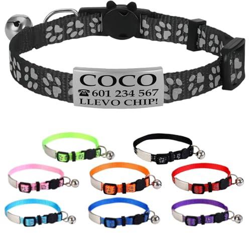 Ibera Gifts - Collar Gato Personalizado Antiahogo y Reflectante, Ajustable De 22 a 30 cm, Grabado Con Nombre, Para Gatos De Todos Los Tamaños, Sin Cascabel (Negro)