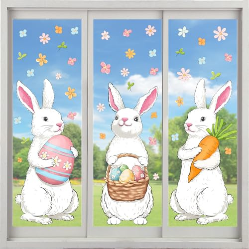 Oster-Dekorationen für Fenster: Extra großer Osterhase mit Eiern und Karotte, niedliche, rustikale weiße Kaninchen, Frühlings-Fensteraufkleber für Glasfenster, Kinder, Zuhause, Büro, Party, Geschenke,