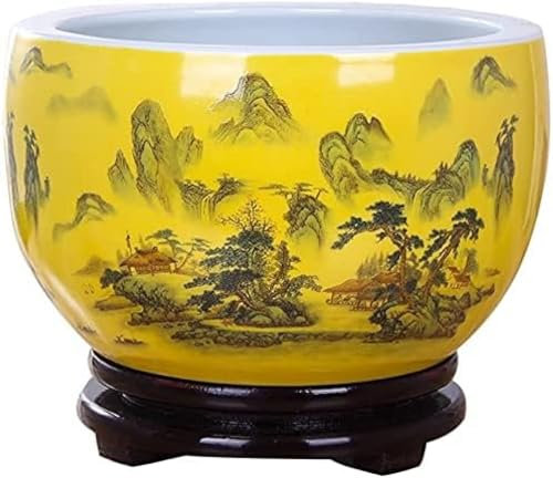 PUFAHAU Gelber Blumentopf aus Keramik im chinesischen Stil, für den Innenbereich, Hydrokultur-Blumentöpfe für Sukkulenten, Zylinderförmiger Übertopf, Bonsai-Töpfe, Pflanzenbehäl(B-25 * 14CM)