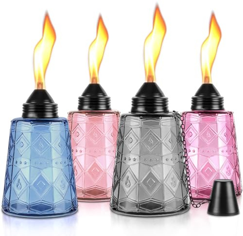 4-Pack Glass Table Top Torches - 12oz Refillable Citronella Torches Canisters for Outdoor, Includes Wick & Cap, Decorative Lanterns for Patio, Garden, Yard, Party, Landscape(Multi-Color)