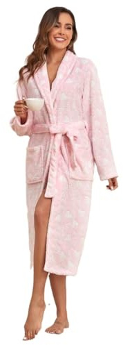 XPJYUA Dam frottéhandduk dam kärlek tryck badrock damer fleece plysch varm lång morgonrock fleece nattlinne nattkläder för kvinnor, Rosa, S