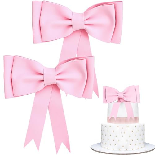 Fiocco per Torta Decorazione 2 Pezzi Decorazione Torta di Compleanno Fiocco Decorativo Bomboniere Topper Torta Nuziale Rosso/Rosa/Blu Cake Topper Baby Shower per Battesimo, Festa Tema Fiocco (Rosa)