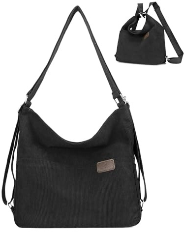 RUNSOON Corduroy Tote Bag Convertible Backpack Purse for Women Versatile Hobo Bags Shoulder Handbags for College Work Travel, Black