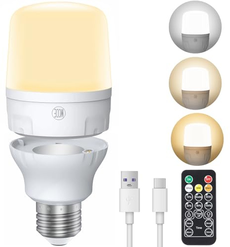 Rechargeable Light Bulb, E26 Battery Operated Bulbs for Lamps, Magnetic LED Bulb for Hardwired Cordless Fixture, Emergency, Touch+Remote Control, Dimmable, 4 Timer, USB & Socket Charging, 2000mAh