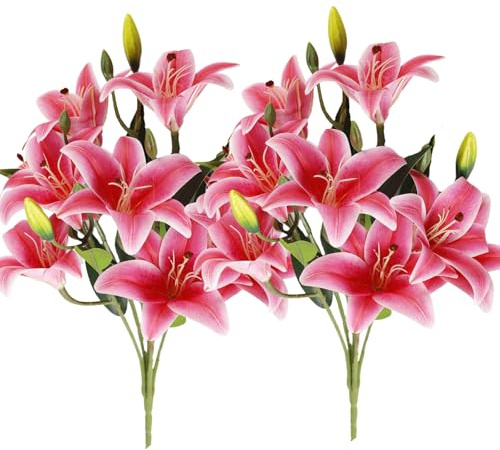 ASTRYAS 18 Heads Artifical Lily Flowers, Long Stem Artificial Stargazer Lilies Faux Fake Lily Flower Bouquets for Home Hotel Office Party Decor Table Centerpieces(2,Hot Pink
