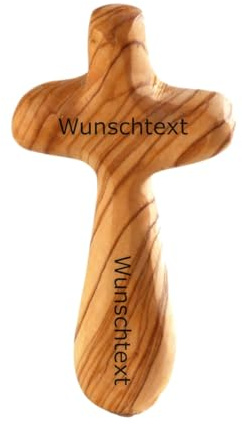 Kassis Kreuz mit Gravur aus Olivenholz 10,5 cm – personalisiertes Handschmeichler-Kreuz aus Bethlehem – mit Wunschtext graviert – Geschenk zu Taufe, Kommunion, Trauer – 1 Stück