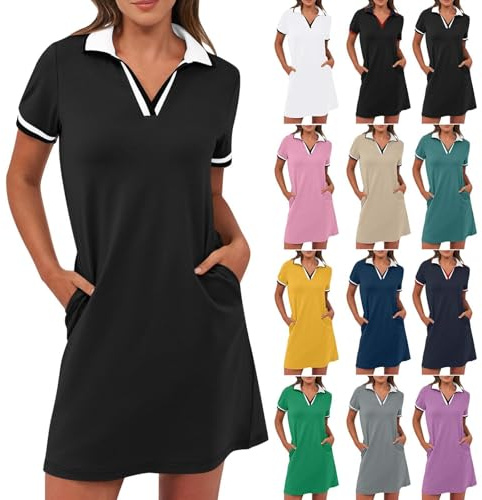 Sommer Polokleid Damen Kurzarm Freizeitkleid Knielang Sportkleid Sport Sommerkleid Golf Kleid Einfarbig Tenniskleid Freizeit Revers Minikleid Kurze Tennis Kleid mit Taschen Dresses für Damen