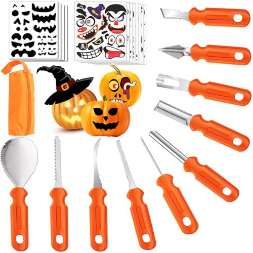 Kürbis Schnitzset, 23 Stück Halloween Schnitzwerkzeug Kürbis Edelstahl Kürbisschnitz Set mit Vorlagen DIY Pumpkin Carving Kit DIY Kürbisschnitzset Kürbismesser für Kinder und Familie - mit Tragetasche