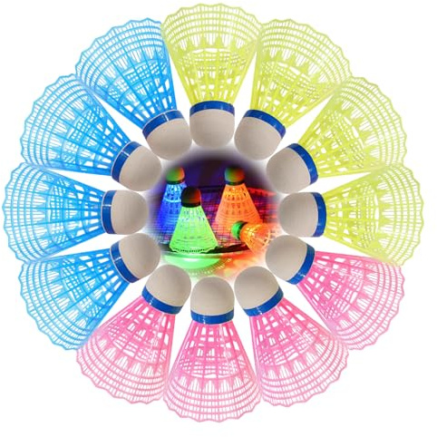 Vaskula 12 Stück LED Nylon Federball Leuchtende Federbälle Geeignet für Anfänger und Profis Farbe Badminton Bälle für Indoor & Outdoor Nacht Trainingswettbewerb Sportunterhaltung Sport