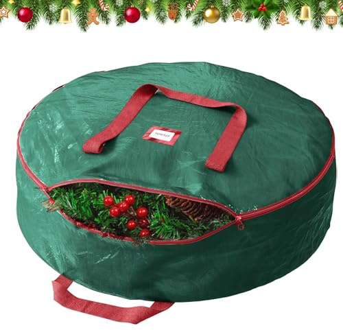 SilverChry 76*20cm Bolsa para Coronas de Navidad, Contenedor Almacenamiento Coronas, Bolsa Almacenamiento de Coronas Navideñas, Organizador con Asa para Guirnaldas, Almacenamiento de Navidad (Verde)