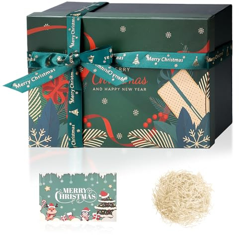 Weihnachten Geschenkbox mit Deckel, 29x22x10.5cm, LuxuriöS und Faltbar | Groß Christmas Geschenk Box, mit Grußkarte, Bast, Schleife, Ieere Geschenkbox (Grün)