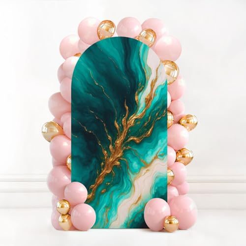 6.6FT Wedding Arch Backdrop Cover Pastel cyan mint liquid marble watercolor gold lines brush stains Teal Spandex Fitted Fabric Round Top Stretchy Stand Covers for Baby Shower Birthday Party Decoration