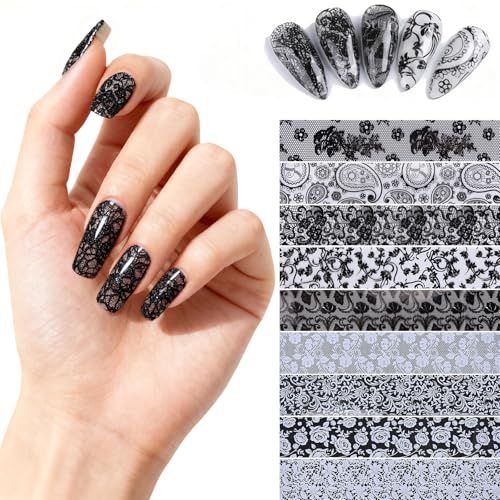Exbrith 20 Stück Spitze Nail Art Transferfolie, Nailart Folie Transfer Set | DIY Maniküre Dekor, Nagelaufkleber, Für Künstliche Und Natürliche Nägel Geeignet Für Frauen Und Mädchen Black and White