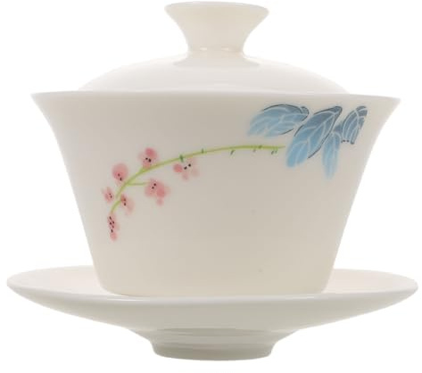 OUNONA Taza de Té Gongfu con Tapa y Plato Porcelana Tradicional con Diseño Floral Cuenco de Té para Ceremonia Oriental Taza Artesanal para Degustación