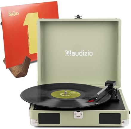 Audizio Suitcase Record Player with Wooden Vinyl Display Stand – Portable 3-Speed Retro Turntable with Built-in Speakers, USB Power, RCA & Headphone Out, Green Briefcase Design
