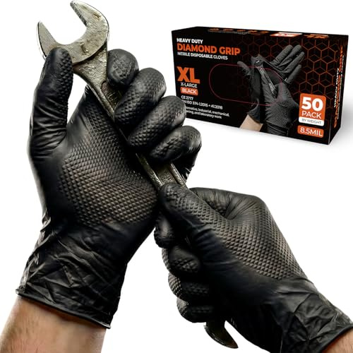 50 Stück, Einweghandschuhe XL, Diamant Grip - Schwarz Einmalhandschuhe, Puderfrei & Latexfrei, Extra Dicke und Starke Nitrilhandschuhe, Mechaniker Handschuhee für Werkstatt, Kfz & Industrie