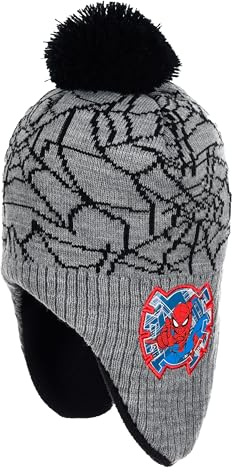 Marvel Spiderman - Gorro de invierno para niños con pompón con licencia – Gorro de punto con forro polar y orejeras – Gorro cálido con pompón para niños – Gris o Rojo, gris, 52