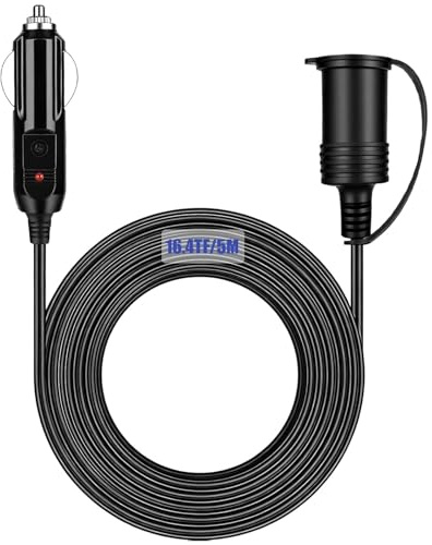 5M 12V/24V Car Cigarette Lighter Extension Cord, Duty Male Plug to Female Socket Adapter with LED Indicator and 15A Fuse, for Trucks, Vans, RVs, Portable Equipment