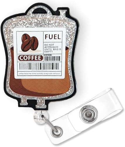 Utdragbar ID-korthållare, sjuksköterska ID-korthållare, bricka med söt design, badge rulle med klämma för sjuksköterskor, läkare, volontärer (roligt kaffe bränsle glitter)