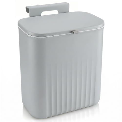 Kryndle Hanging Trash Bin, 10L Under Sink Bin with Cover | Comes with Two Hanging Accessories. Food Waste Caddy Fits Cabinet Doors, Kitchens, Bathrooms, Outdoor Camping, Gray