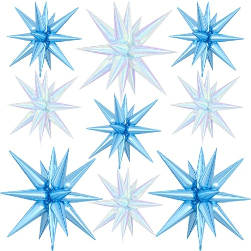 9Pcs Light Blue and Iridescent Star Balloons, Large Explosion Foil Balloons, Metallic Spike Balloon for Birthday Anniversary Snowflake Sea Party Supplies, 3Pcs 27 Inch & 6 Pcs 22 Inch