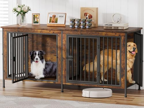 AMLANCHER Hundekäfig Möbel für 2 Hunde, 4 Türen, 200 cm Holz Hundekäfig für Große/Mittlere Hunde, Indoor Hundebox für Zuhause als Beistelltisch und TV-Ständer, 200 x 70 x 83 cm, Braun