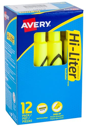 Avery Hi-Liter Desk-Style Highlighters, Smear Safe Ink, Chisel Tip, 12 Fluorescent Yellow Highlighters (24000)