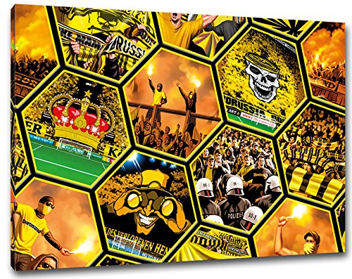 Ultras-Art Dortmund Mosaik, Bild auf Leinwand XXL, fertig gerahmt, 100 x 70 cm
