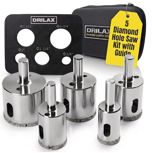 Drilax 5 pcs Diamond Hole Saw Set 20mm 25mm 32mm 38mm 45mm Diamond Hole Cutter Kit for Tiles Ceramic Porcelain Glass Granite Quartz Insert Guide Included | Drill Guide Storage Case Porcelain Granite Quartz Ceramic Pots Marble Faucet Drainage Cutouts Wet Drilling DIY