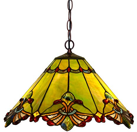 HT Tiffany Style Hanging Pendant Lamp 17 Inch Wide Green Sermon Design Stained Glass Lampshade 2-Light Iron Chain Traditional Handmade Ceiling Pendant Decor for Kitchen Restaurant Corridor Bedroom