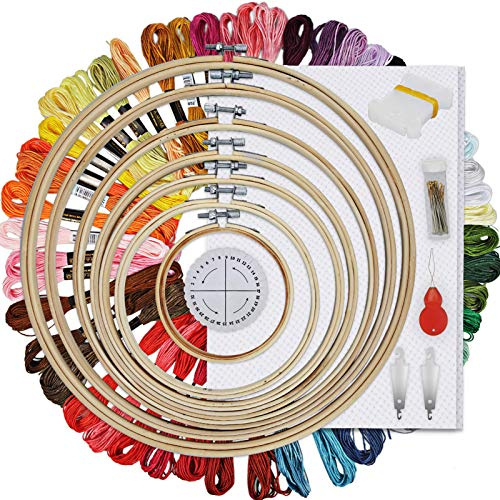 HAUSPROFI Embroidery Starter Kit - Cross Stitch Kit Including 50 Colours, 30 Needles, 7 Bamboo Frames, Kumihimo Disk, Cross Stitch Fabric