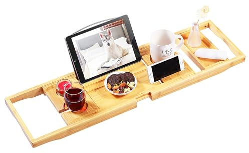 Vassoio vasca da bagno in bambù, vassoio espandibile per la vasca da bagno con fessure per il vino aggiornate e supporto per il libro - ideale per una o due persone