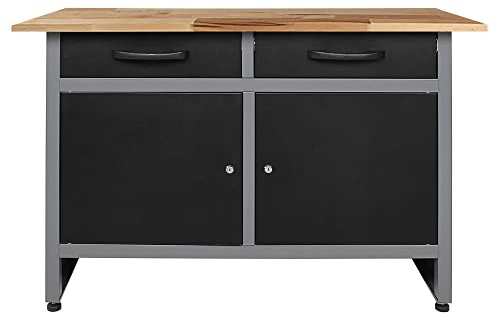 Ondis24 Werkbank Metall mit Schubladen, 2 Schubladen & 2 Türen, Werkstatt Metall 120 cm, Werktisch 120cm, Montagewerkbank, 28mm Buchenholzarbeitsplatte, Werkstatteinrichtung