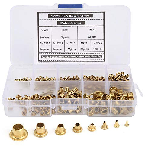 650Pcs Oeillets en laiton Oeillets de trou intérieur rond, 8 valeurs M0.9 M0.9 (d) -M5 (L)/0.9mm - 5mm Dia Chaussures Ceinture Sac Tag Tag Vêtements Scrapbook DIY Rivet Creux