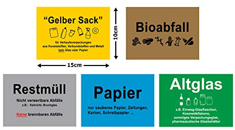Lot de 5 autocollants de séparation des déchets jaunes - Sacs jaunes - déchets de papier - Déchets biologiques - Verre usé - 15 x 10 cm - Recyclage avec protection UV pour l'extérieur - Intérieur