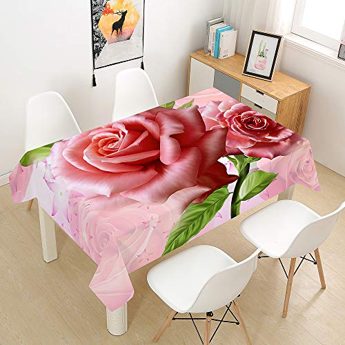 Morbuy Tischdecke Abwaschbar, Rose Drucken Tischtuch Rechteckig Tischwäsche Gartentischdecke Outdoor Tischdekoration Wasserdicht Polyester Ölfest Pflegeleicht (140x160cm,Pinke Rose)