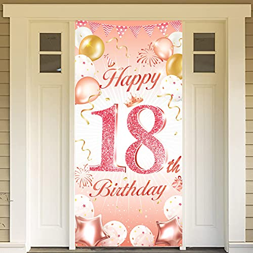 DPKOW Rose Gold 18. Geburtstag Dekoration Mädchen, Rosé Gold Hintergrund Banner für Mädchen 18. Geburtstag Deko Tür Garten Tisch Wand Deko, 185 x 90cm