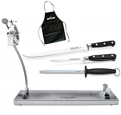 Bricolemar Kit Jamonero Giratorio Plegable Acero Inox + Cuchillos Jamonero y Deshuesador Serie Forgé + Chaira + Delantal Negro de Regalo (Soporte + 2 Serie Forgé + Chaira + Delantal)
