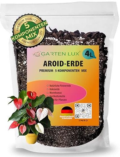 Garten Lux Premium Aroid Mix Erde-4L-5 Komponenten Torffreie Zimmerpflanzenerde für Alocasia,Philodendron,Epipremnum,Sansevieria,Spathiphyllum- Blumenerde der Aroid-Familie zum Wachsen und Umpflanzen