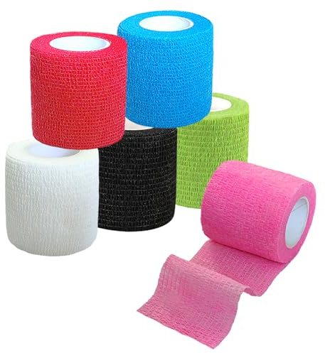 Smanzu 6 Pack 2 x 5 Yards Self Adherent Wrap Bulk Breathable Self Adhesive Vet Tape, Stretchy Sports Cohesive Bandage Wrap for Athletic, Wrist and Ankle(6 Colors)