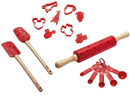 Prestige Lot de 4 ustensiles de cuisine Disney Bake with Mickey Mouse avec cuillères à mesurer, spatule en silicone, rouleau à pâtisserie et emporte-pièce
