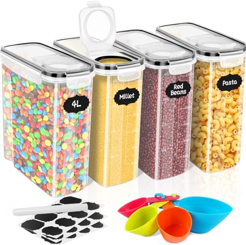 Cinnani 4L Botes Cocina Almacenaje Juego de,Recipientes para Alimentos Sellados de Plástico con Tapa-sin BPA,Botes Cocina Hermeticos Contenedores para Cereales,Pasta,Arroz,Harina(4 Piezas)