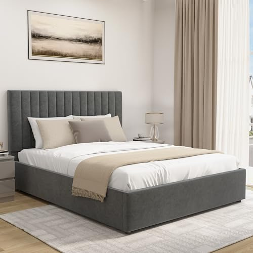 Blisswood Upholstered Ottoman Double Bed Frame 4ft6, Velvet Fabric Bed Frame With Storage, Ottoman Storage Bed With Gas Lift End Opening Wooden Slats, (4ft6 Beige, No Mattress Included)