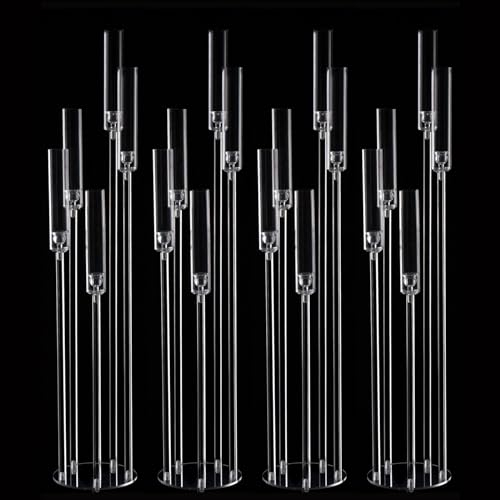Fullvaseer 4pcs 5 Arm Acrylic Candelabra,Clear Candle Holder for Wedding,45.7inch Tall Floor Candle Holders for Ceremony Birthday Party Home Decoration Fit 0.8 LED Candles