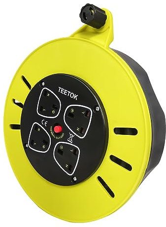 Extension Lead 10m Heavy Duty Cable Reel, 4 Socket Cord Reel UK Plug Socket with Thermal Cut-Out Protection 13A Fused Plug